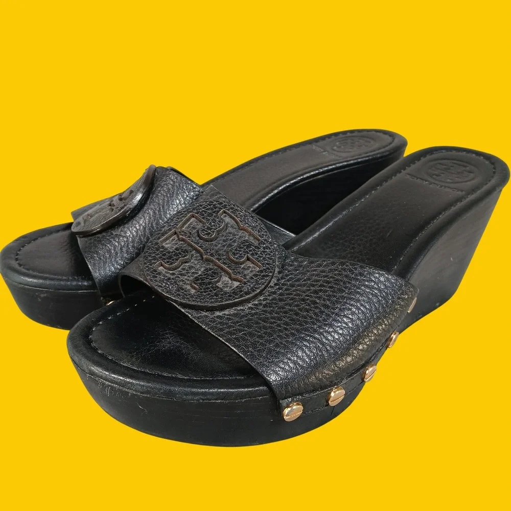 Tory Burch Wedge Sandals Womens 8M Miller Studded Clog Black Pebbled Leather